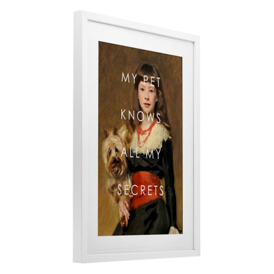 My Pet Knows All My Secrets Framed Print Under Glass, design by Corinne Haig