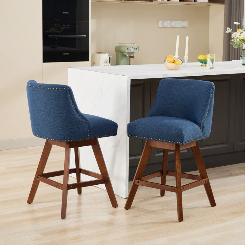 Counter Height Swivel Barstools, 26'' H Seat Height Upholstered Bar Stools Set Of 2, Fabric In Blue, Blue