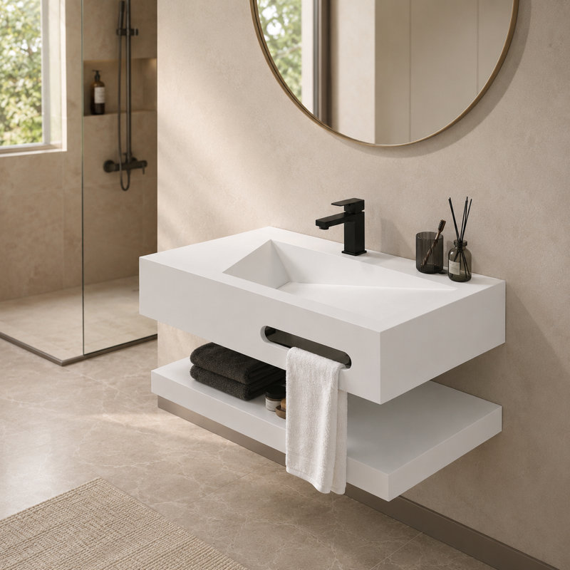 Lavabo de salle de bain flottant mural en résine de pierre 36 "avec vasque en forme de V, tablette ouverte et siphon en P inclus