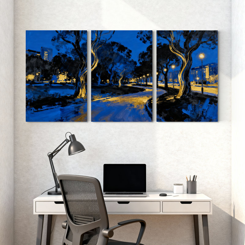 Cités et pays «Blue Night Park Trees Lights Reflections», ensemble de 3 impressions sur toile, H 30 po x l 60 po