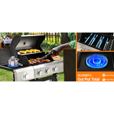 Barbecue à gaz propane extérieur à 3 brûleurs, acier inoxydable, 40 500 $, espace de préparation supplémentaire, côté et couvercle pour barbecue de camping, acier, largeur 17,25 po.