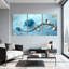 Pivoine, rose bleue et feuilles d'or sur fond bleu, ensemble de 3 impressions sur toile-1973513040