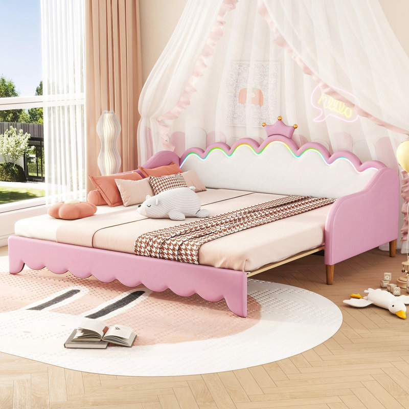 Lit de jour extensible avec lumières DEL, lit de jour rembourré princesse moderne avec tête de lit couronne, Rose