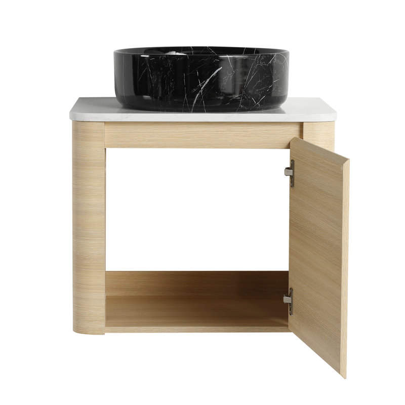Meuble-lavabo mural de 61 cm (24 po) comprenant un lavabo en céramique artistique, des charnières à fermeture douce, une poignée à bord incliné à 45°, un meuble-lavabo en contreplaqué, une dalle en pierre blanche, un style moderne et un confort optimal.