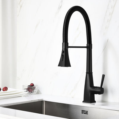 Kitchen Faucet With Pull Down In Matte Black, Stainless Steel Crafted, Rust- Treatment, 360 Rotating Nozzle For User- Water Access Spray Head, Black Steel, Dirt- Finish, Easy Accessibility