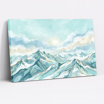 «Snowy Mountain Range with Birds Soaring Under Bright Sun», art mural sur toile