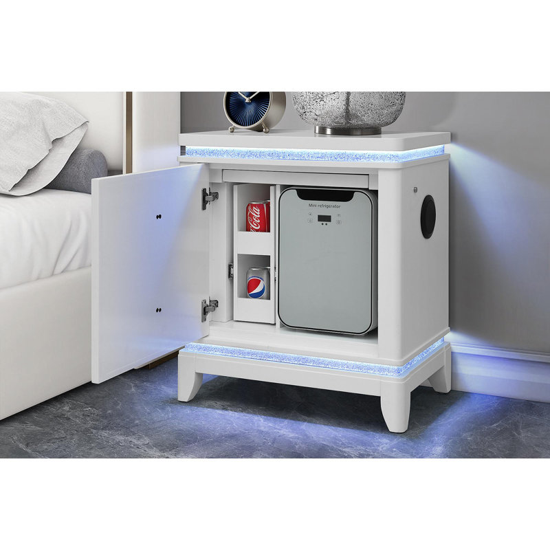 Table de chevet blanche avec glacière, USB et haut-parleur Adalid