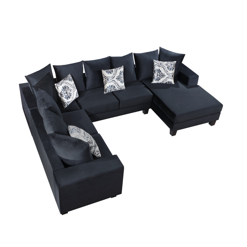 Souren 110''Modular Sofa, U-Shape Sectional Sofa, Black Velvet