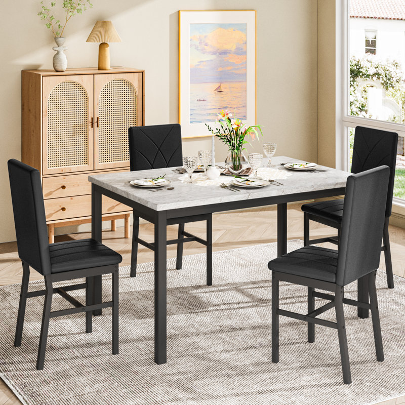 Ensemble de table de salle à manger 5 pièces pour 4 personnes, ensemble de coin repas rectangulaire en faux marbre avec 4 chaises rembourrées pour la cuisine, coin repas, petit espace