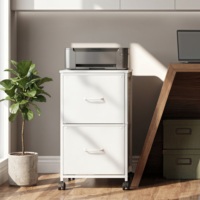 Kahira 2 Drawer Mobile File Cabinet, Wood Top Home Office Filing Cabinets, Printer Cabinet Fits Letter Files, White