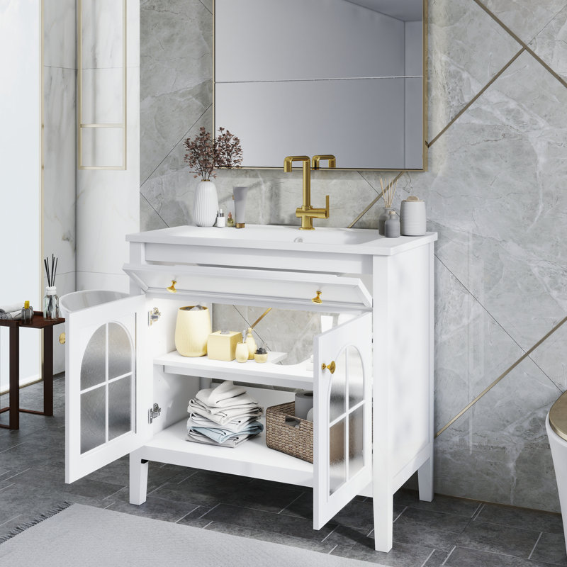 Meuble-lavabo de salle de bain avec lavabo, 2 portes vitrées et tablette réglable, Blanc