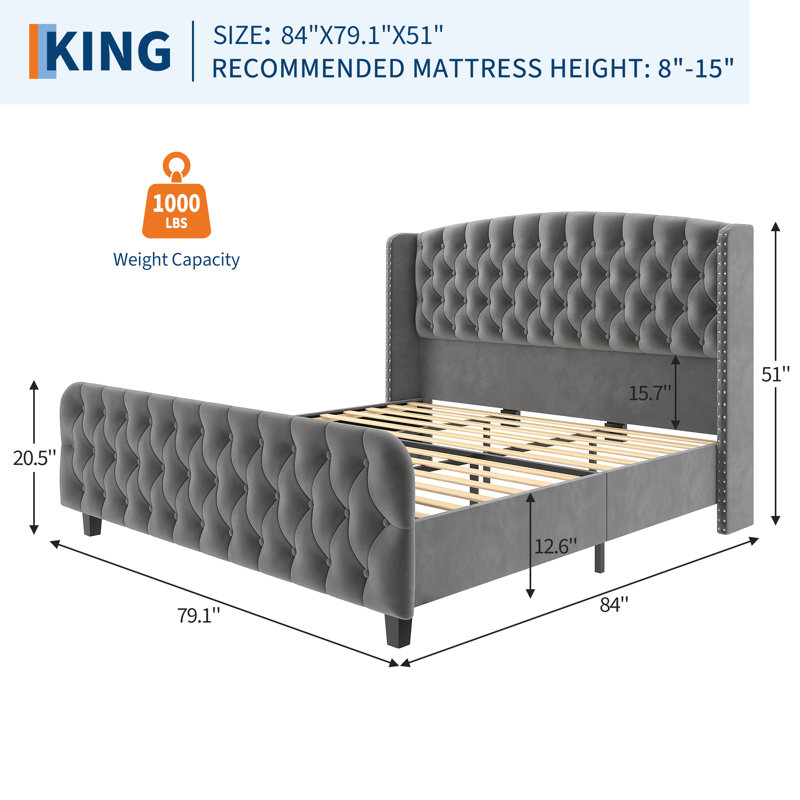 Structure de lit moderne très grand avec tête de lit à oreilles de 51 po de hauteur, lit rembourré en tissu doux touffeté à boutons profonds, lattes de bois silencieuses, aucun sommier tapissier requis, gris