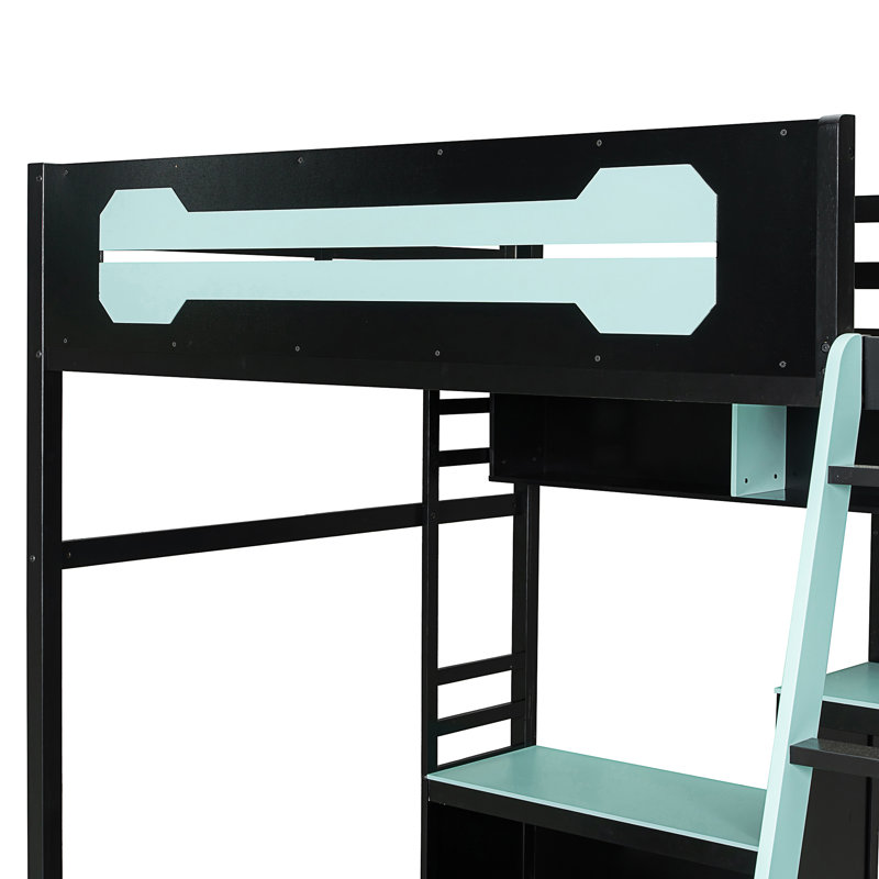 Lit mezzanine en bois avec bureau, Noir / Bleu