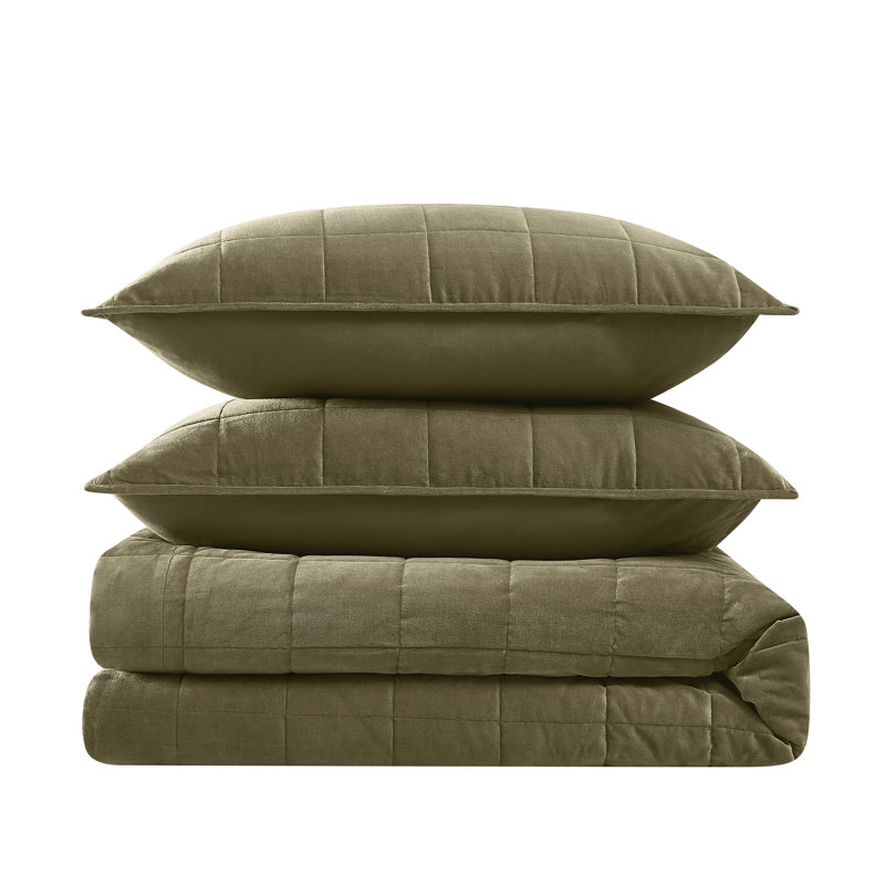 Brooklyn Loom Matte Cotton Velvet Channel Stitch Quilt Set, Twin Extra Long Quilt + 1 Twin Sham, Green