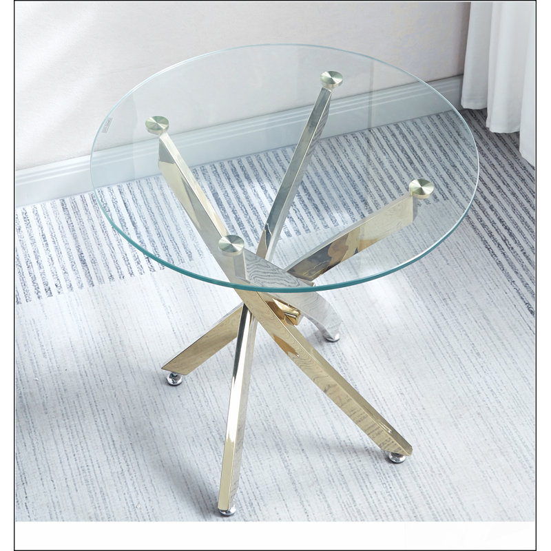 Table de bout moderne en verre trempé avec pieds en acier inoxydable, H 21,85 po x L 23,62 po x l 23,62 po, Doré