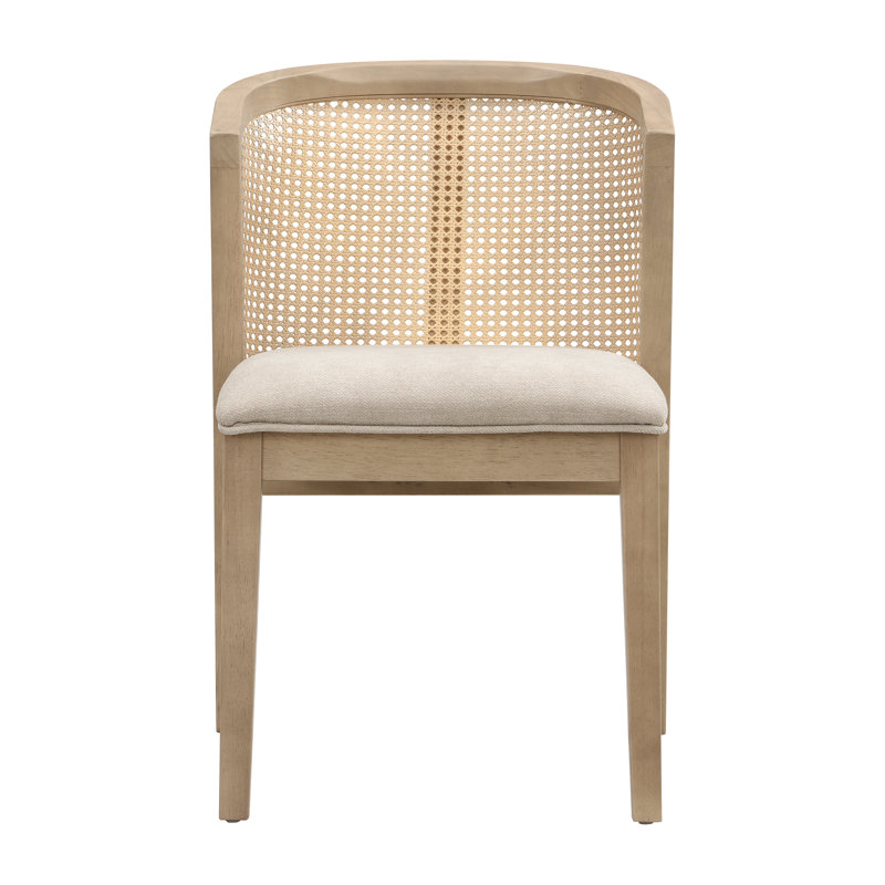 Chaise de salle à manger Cayli de style néoclassique moderne en rotin avec dossier incurvé et structure en hévéa massif, 2