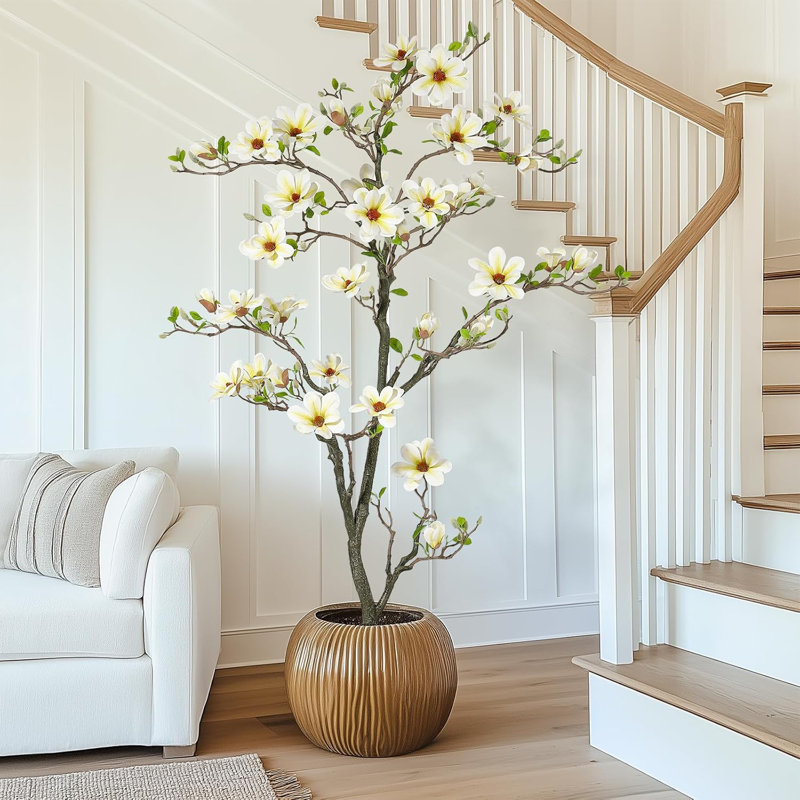 Arbre de magnolia artificiel 4 pi / 5 pi / 6 pi avec fleurs blanches réalistes et feuilles vertes luxuriantes pour la décoration intérieure et extérieure de bureau à domicile