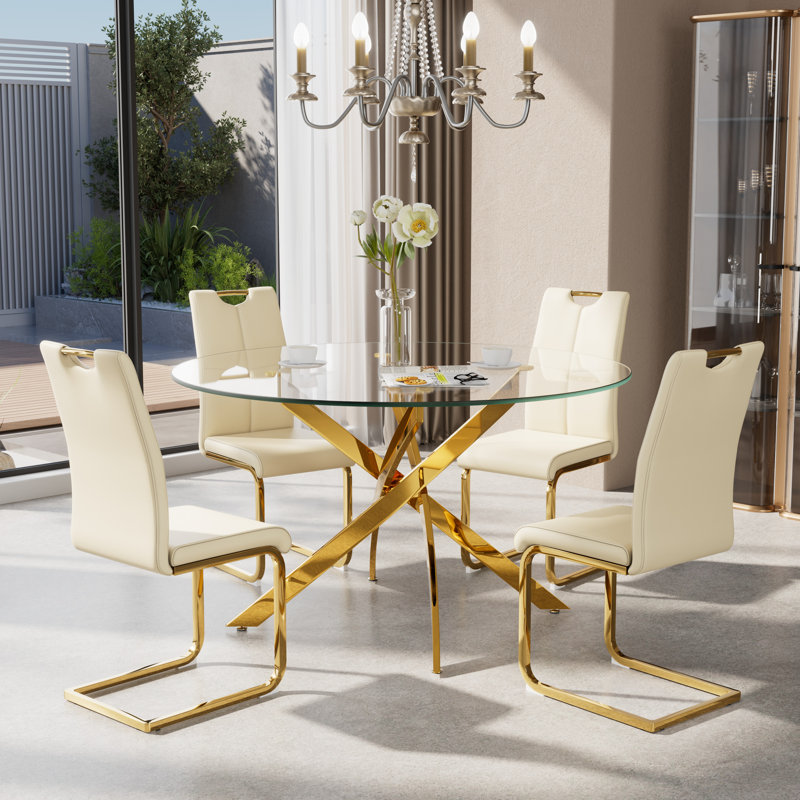 Ensemble de salle à manger 5 pièces, Doré, Beige / doré, H 29,5 po x L 47 po x l 47 po
