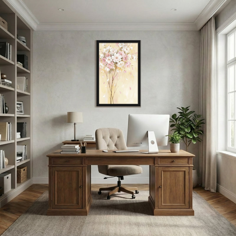 Plantes et fleurs roses et blanches sur fond clair, H 24 po x l 36 po