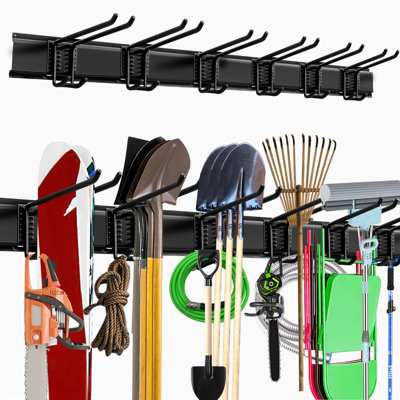Petrolia Garage Storage Rack Hooks, 48 Inch Heavy Duty Wall Mount Garage Organization With 3 Rails And 6 Adjustable Double Wall Hooks,Hanging Shelves For Garden Tool/Broom/Mop(Black)