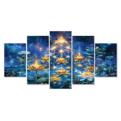 Blossoming Lotus Flowers Sparkling Magical Night - Other Plants & Flowers Wall Art Set 5 Piece