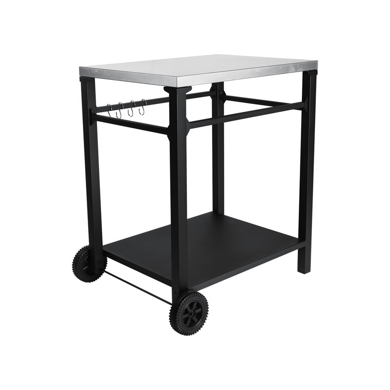 Chariot de barbecue extérieur à 2 niveaux, plateau en acier inoxydable, cadre noir, grandes roues, crochets à outils, table de préparation pour barbecue, cour arrière, four à pizza