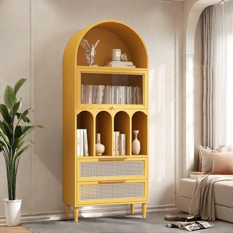 Bibliothèque moderne en bois et rotin simple, Jaune