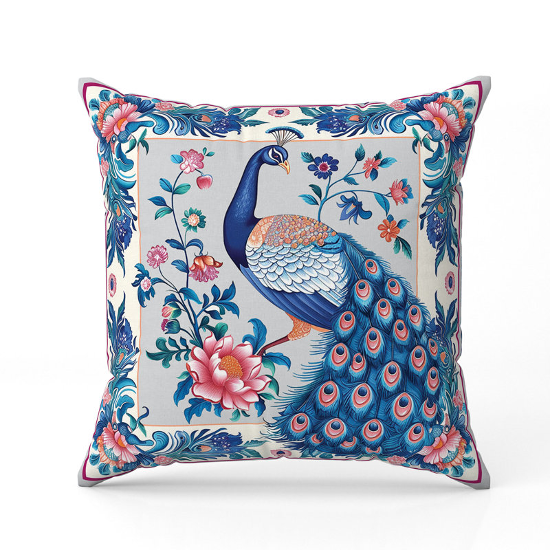 Peacock Blossom  Square Throw Pillow, Blue/Orange, 18"H x 18"W