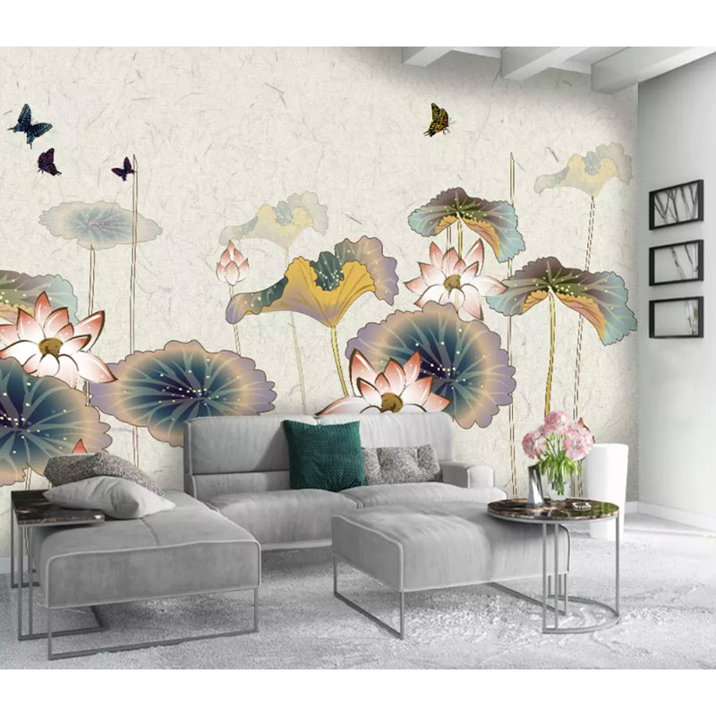 Fleur de lotus, aquarelle, papillon, dessin, papier peint texturé amovible classique, l 187 po x L 106 po