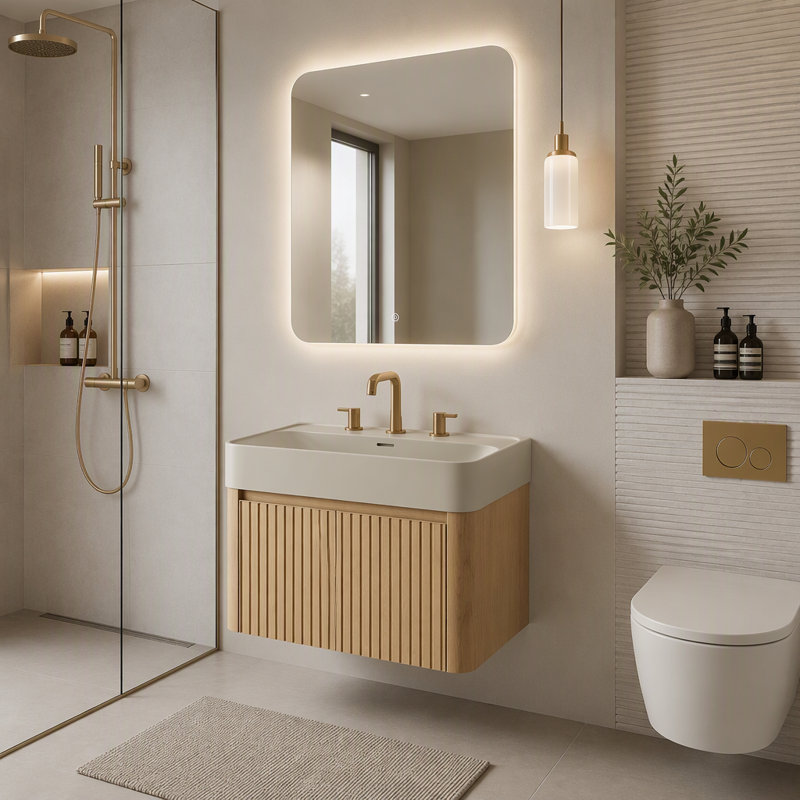 24" Wall Mounted Bathroom Vanity with Solid Surface Integrated Basin and Soft-Close Doors, Cream Beige,Golden Oak