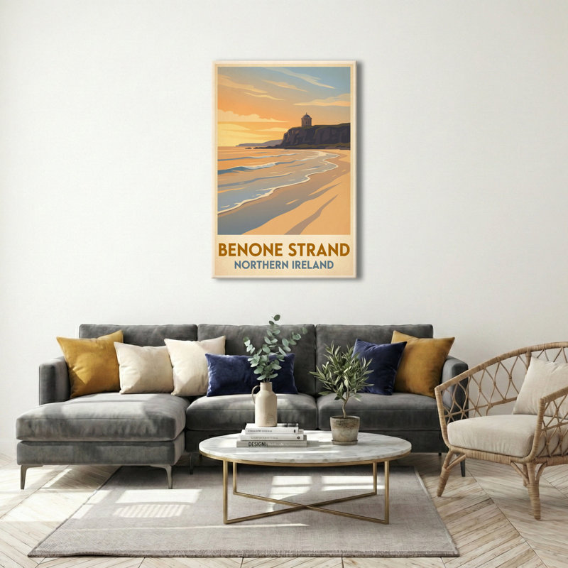 Benone Strand, Northern Ireland - Romantic Coastal Travel Poster With Mussenden Temple. Giclee Print On Wrapped Canvas. Wall Art, Home Decor - Natural Landmarks, Northern Ireland - Wrapped Canvas Print