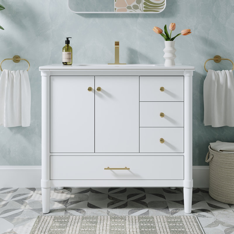 36" W X 34.1" H Solid Wood Vanity With Cupc Ceramic Sink, Soft-Close Hinges, And Gold Anodized  Aluminum Handles, White