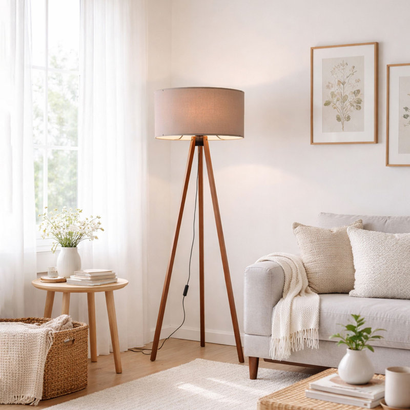 Scandinavian Style Floor Lamp, Beige & Brown, 45.7 x 55.1 x 45.7 inches | 70% MDF / 30% PVC Fabric | On/Off Switch on Cable, E27 Socket, Max 40W | Modern Lighting for Living Room & Bedroom Décor