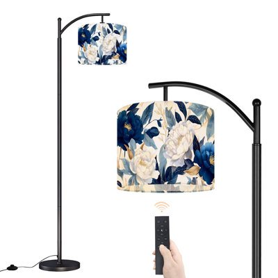 Arc Floor Lamp with Adjustable Lampshade Boho Floral Composition Intricate Petals Golden Standing Lamp 3 Color Temperatures Dimmable Tall Pole Lamp with Foot Switch for Bedroom