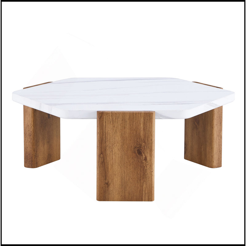 Table basse moderne hexagonale avec plateau blanc et pieds en bois, idéale pour les salons et les chambres d'amis