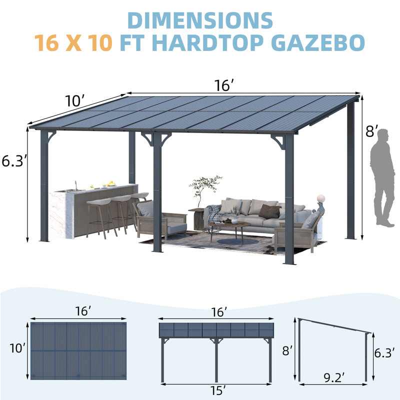 Pergola en aluminium avec auvent, Noir, 16 pi x 10 pi