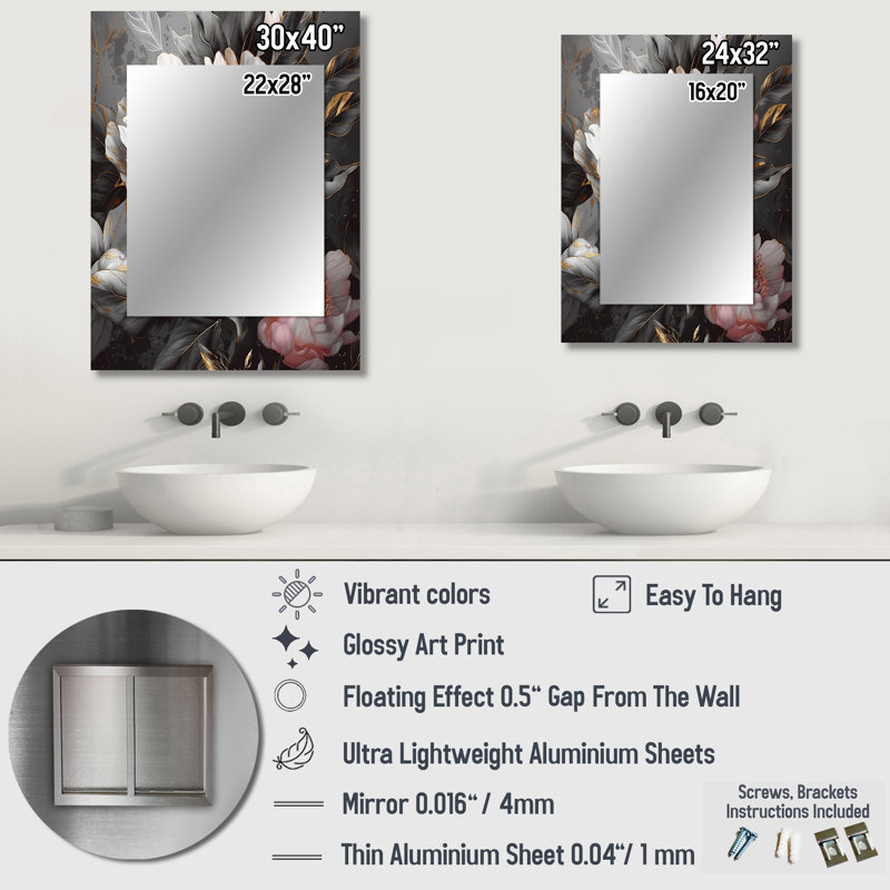 Rose gris pivoines Blooming II - grand miroir pivoines, miroir mural décoratif rose, impression sur métal, 32 po x 24 po