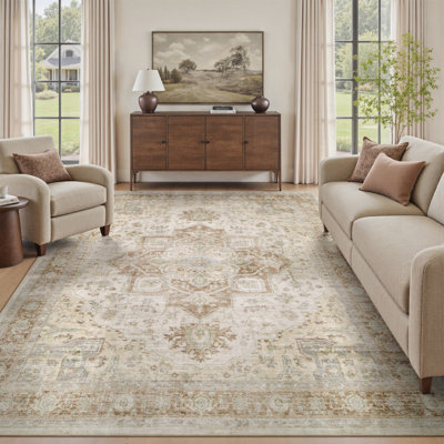 Machine Washable Oriental Floral Beige Area Rug For Living Room, Bedroom