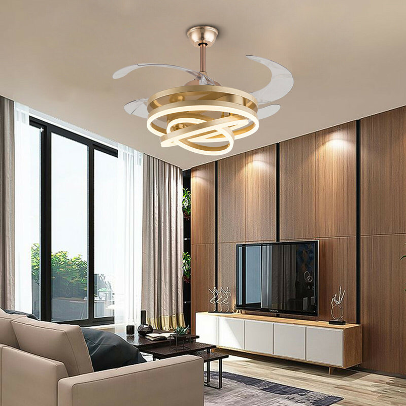 Gold Retractable LED Ceiling Fan Chandelier with Remote Control