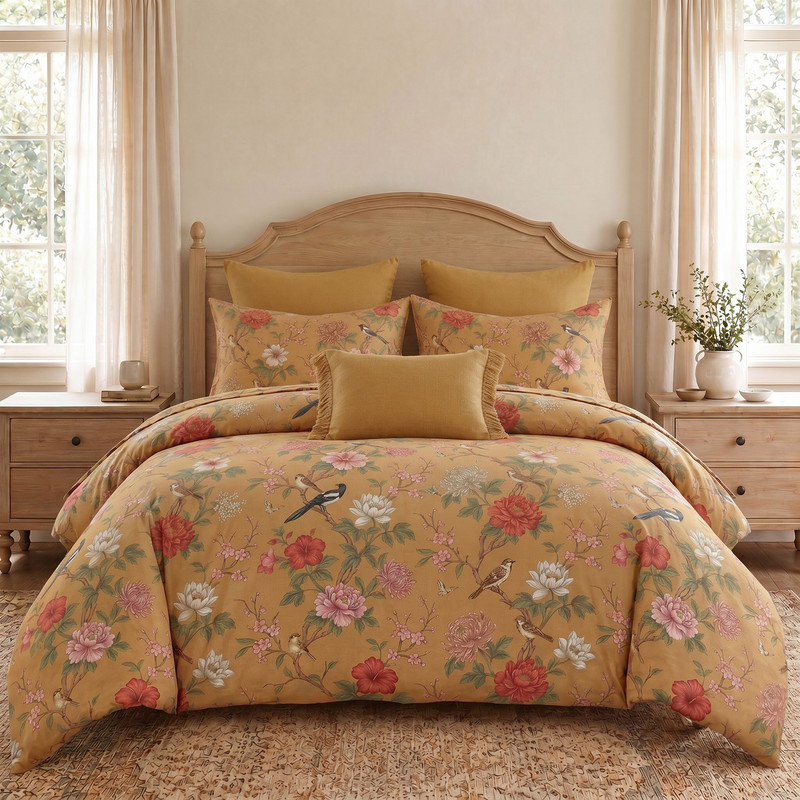 Ensemble de housse de couette 100% coton de grande taille, ensemble de housse de couette à motif floral rétro avec fermeture à glissière et 8 attaches de coin, ensemble de literie botanique beige respirant doux pour toutes les saisons