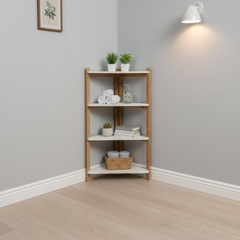 4-Tier Corner Shelf Unit, Freestanding Corner Bookshelf with White MDF Shelves and Natural Wood Frame, Space-Saving Triangular Corner Storage Rack for Bathroom, Living Room & Bedroom, 33.70" H x 16.75" W