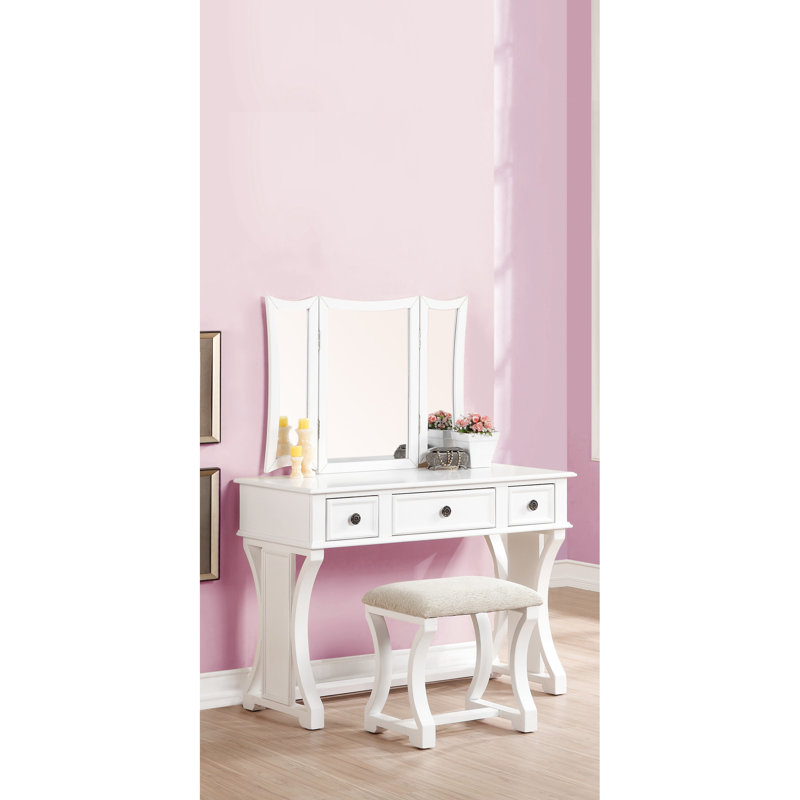 Ensemble de meuble-lavabo de chambre à coucher avec tabouret pliable et tiroirs en miroir, Blanc