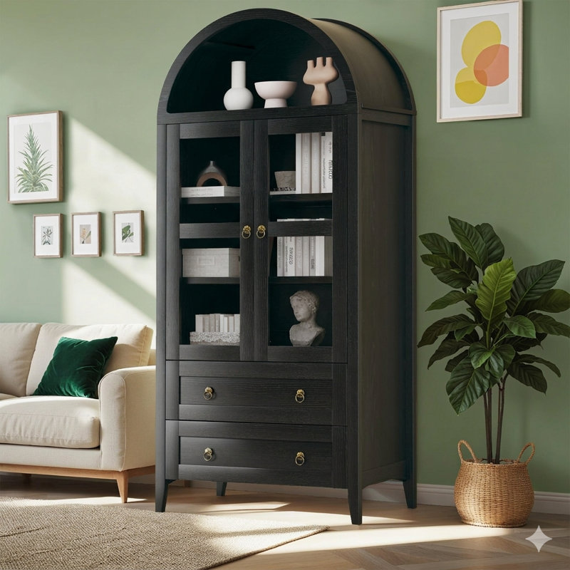 Arched China Cabinet Display Cabinet with Two Drawers Adjustable Shelves, Black