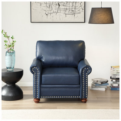 Chaise d'appoint en similicuir bleu marine avec pieds en bois massif et en métal
