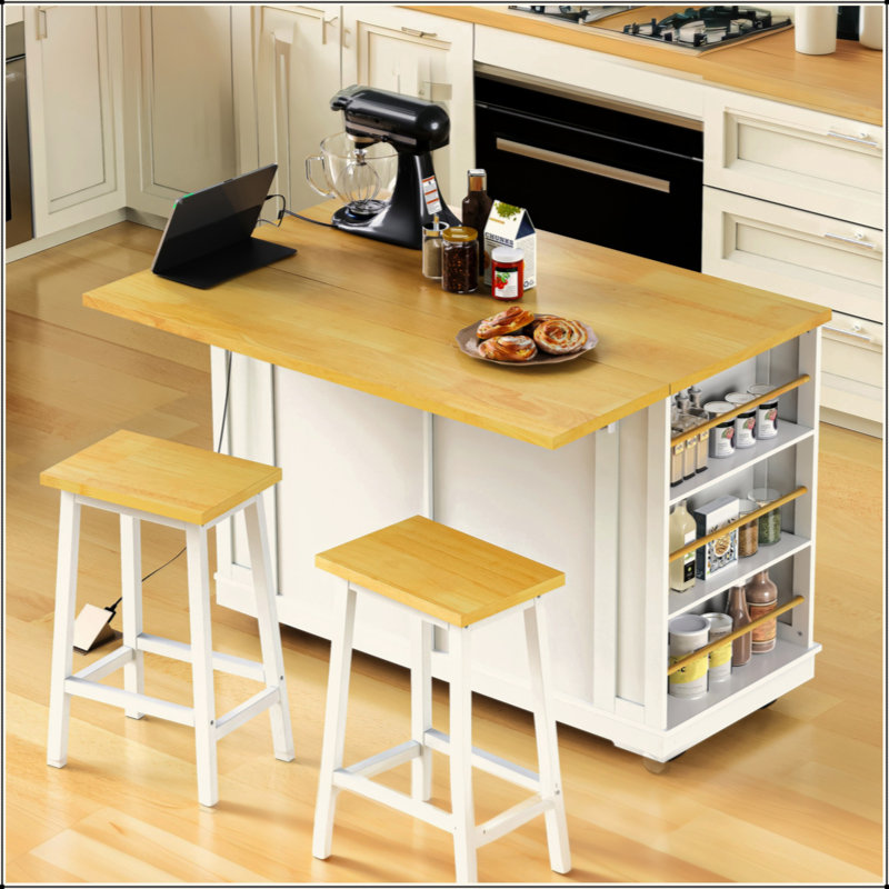 48Inch Large Kitchen Island With 2 Bar Stools, Power Outlet, Door Internal Storage Rack, Kitchen Storage Cart On 5 Wheels With Drop Leaf, 5 Open Side Racks, 2 Drawers,For Kitchen,Dining Room