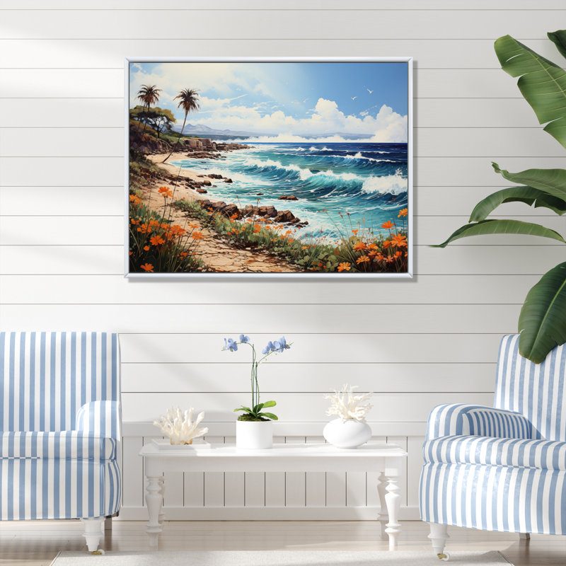«Beach Tropical Paradise Pointillism I», reproduction d'art sur toile, H 34 po x l 44 po x P 1,5 po, Cadre flottant blanc