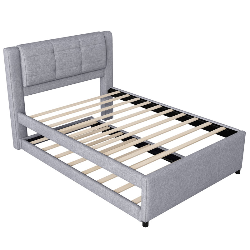 Lit plateforme tapissier avec lit gigogne, gris