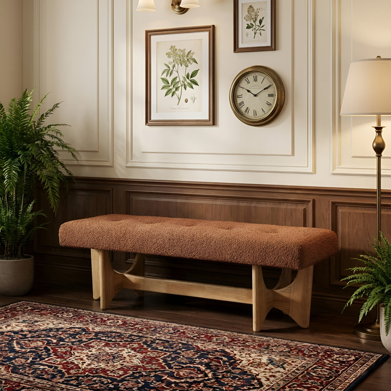Upholstered Button Tufted Bench with Solid Wood Legs, Natural/Brown