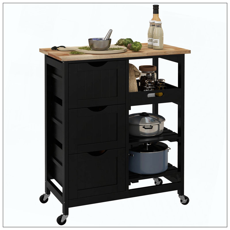 Chariot roulant pour îlot de cuisine, chariot de service de bar, chariot compact sur roulettes avec plateau en bois, tablettes et tiroirs pour la salle à manger