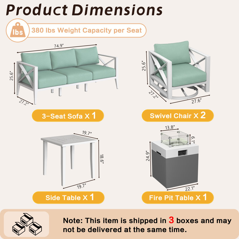 5 - Person Outdoor Aluminum Conversation Set with Swivel Chairs & Firepit, Green Cushion/White Frame